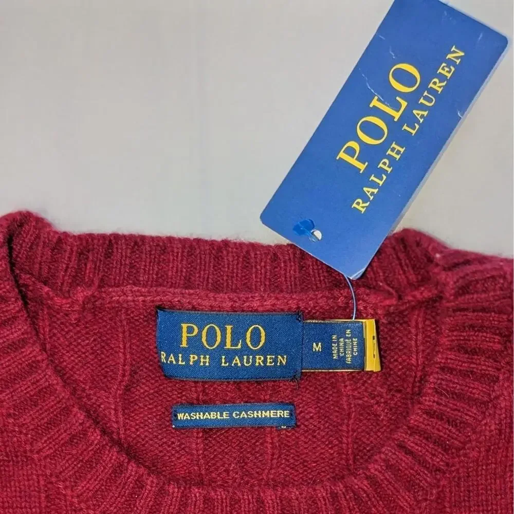 Polo Ralph Lauren Wool Cashmere Cable Knit Crewneck Sweater Burgundy M NWT - Picture 4 of 7